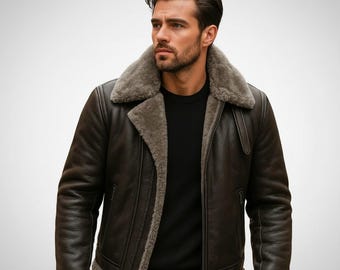 Black sheepskin Original Leather Aviator Jacket with Faux Fur Collar