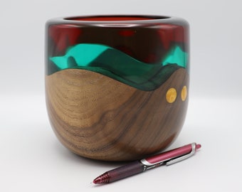 Handcrafted Turned & Carved Wooden Bowl of Black Walnut a Clear Carved Teal Resin Topped - Crystal Clear Dark Red Resin Gift Collectible Art