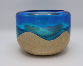 Artistic Handcrafted Turned & Carved Wooden Bowl of Maple a Clear Carved Blue Resin Toped with Another Dark Blue Clear Resin Collectible Art