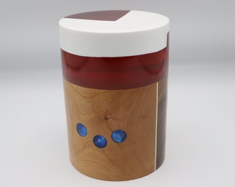 Handcrafted Wooden Art Sculpture made Segmented Cherry Walnut Maple Woods, Red Clear Resin & Carved Whites Resin Top Collectible Unique Gift