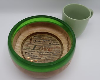 Handcrafted Wooden Bowl of Curly Maple with Love Embedded Typography & Clear Green Resin Lip Collectable Artwork is placed in a Gift Box