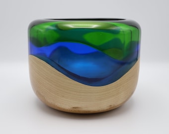 Artistic Handcrafted Turned & Carved Wooden Bowl of Maple a Clear Carved Blue Resin Toped with a Clear Green Resin Gift Collectible Art