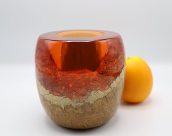 Wooden Bowl, Australian Brown Burl Bowl - Natural Edge Wood Turned Bowl w/h Crystal Clear Orange Resin Wedding Gift Artistic Wood Bowl Decor