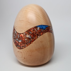 Handcrafted Segmented Wooden Egg Turned & Carved with Inlay of Mixed Red Flakes in Resin Collectible Art Holiday Birthday Gift Box Included