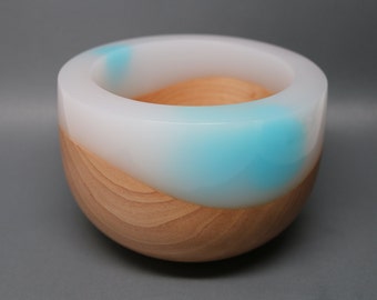 Handcrafted Wooden Bowl Turned & Carved made from Maple with Clear Lite Blue Resin Top Art Wedding Holiday Birthday Housewarming Gift Added