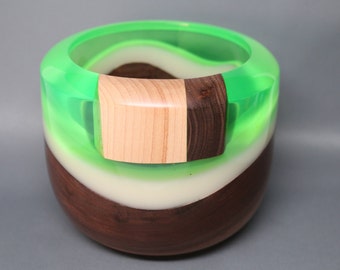 Handcrafted Wooden Bowl Turned Carved Walnut Maple Inlay Carved Clear Green & Amber Resin Art Home Decor Birthday Holiday Gift Box Included