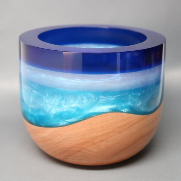 Handcrafted Turned & Carved Maple Wooden Bowl with Pearl Blue Resin Housewarming Wedding Engagement Gift Collectible Art Gift Box Included