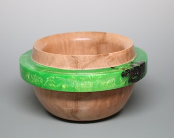 Handcrafted Wooden Bowl Western Figured Maple - Green Pearl “OUTLAY” OOAK - Collectible Resin Art Birthday Holiday Wedding Gift Box Included