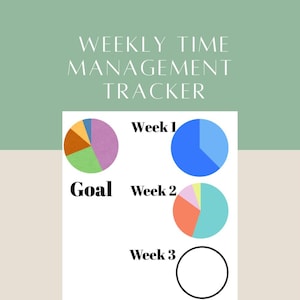 May include: A weekly time management tracker with a light green and beige background. The text "WEEKLY TIME MANAGEMENT TRACKER" is at the top. The tracker includes pie charts for each week, with the first two weeks partially filled with color and the last two weeks empty.
