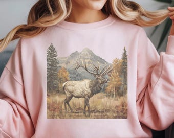 Vintage Elk Sweatshirt, Retro Mountain Nature Tee, Wildlife Graphic Shirt, Outdoor Hiking Gift, Hunting Apparel, National Park Style