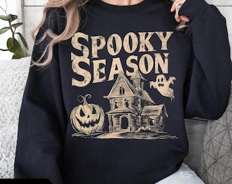 Vintage Halloween-Sweatshirt, Rundhalsausschnitt für die Gruselsaison, Retro-Halloween-Sweatshirt mit Geister- und Kürbismotiv, Herbst-Sweatshirt, Halloween-Geschenk