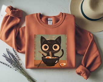 Svart katt Ramen tröja, kawaii kattnudelsnöre, japansk estetisk tröja, söt kattmammapresent