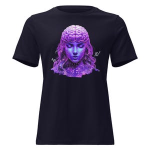 May include: Navy blue t-shirt featuring a digital art design of a woman's face with a brain and circuit board elements. The design is in shades of purple and blue, with mathematical symbols. A unique and artistic graphic tee.