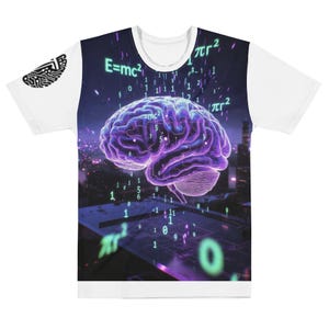 May include: White t-shirt with a striking purple brain graphic, the equation E=mc², and mathematical symbols. The design incorporates a cityscape backdrop and binary code, offering a science-inspired look.