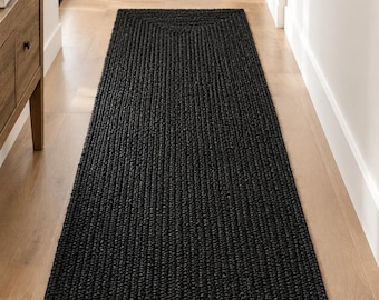 Black Jute Runner Rug, Handwoven Natural Fiber Hallway Carpet, Custom Size by Textile Taller