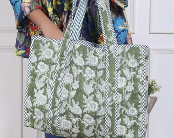Blommigt quiltad bomullstygväska – Återanvändbar shoppingväska från Textile Taller