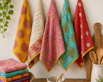 Kantha Cotton Kitchen Towels, Hand-Stitched Quilted Tea Towels, Assorted Sizes by Textile Taller