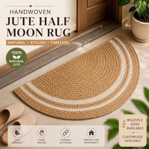 Handwoven Jute Half Moon Rug, Braided Semi Circle Doormat with White Stripes by TT