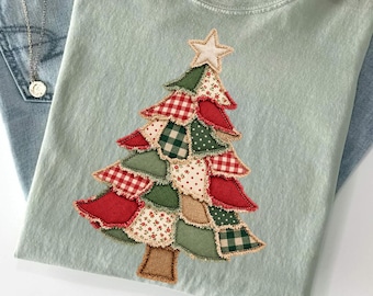 Faux Patchwork Christmas Tree Shirt, Faux Embroidered Comfort Colors Tee, Vintage Cottagecore Holiday Graphic Shirt, Christmas Gift for Her