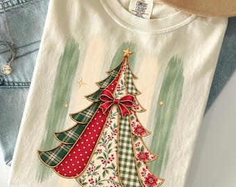 Faux Patchwork Christmas Tree Shirt, Comfort Colors Christmas Tee, Red Bow Tree Graphic, Holiday Shirt for Women, Christmas Gift for Her