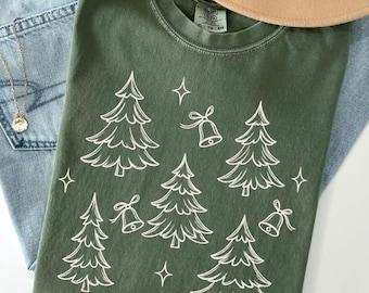 Comfort Colors Christmas Tree Shirt, Vintage Christmas Tee, Retro Holiday Shirt, Christmas Gift for Women, Hand Drawn Xmas Tree Graphic Tee