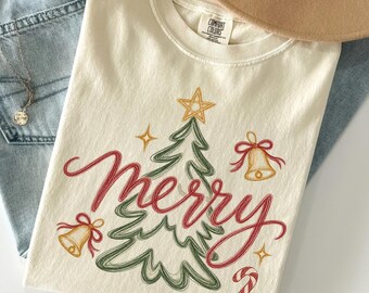 Comfort Colors Merry Christmas Shirt, Hand Drawn Christmas Tree Tee, Retro Holiday Graphic Shirt, Christmas Gift for Women, Vintage Xmas Top