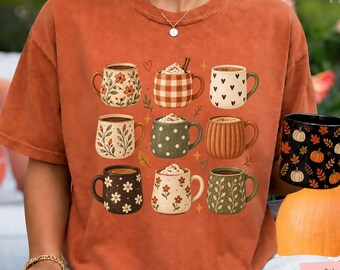 Fall Coffee Shirt, Coffee Lover Tee, Cozy Autumn Mug Graphic, Cottagecore Shirt, Retro Floral Coffee Tee, Gift for Her, Cute Fall Gift Tee