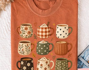 Fall Coffee Shirt, Coffee Lover Tee, Cozy Autumn Mug Graphic, Cottagecore Shirt, Retro Floral Coffee Tee, Gift for Her, Cute Fall Gift Tee