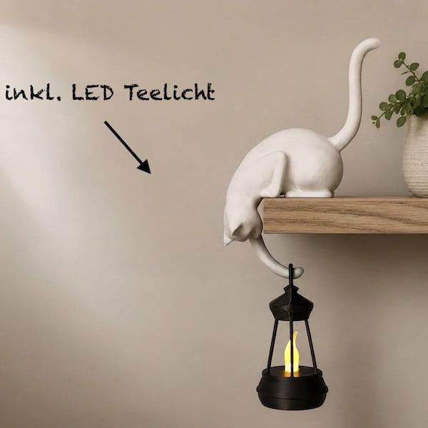 Katze mit Laterne Regal Deko, Nachtlicht mit LED, Geschenk für Katzenliebhaber, Buch & Leseratten, Einzugsgeschenk, Bücherregal Deko