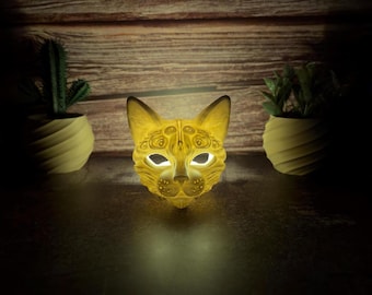 Cat head tealight holder, mystical cat mask as decorative LED lamp, gift for cat lovers, home accessory, 3D printed animal figurine