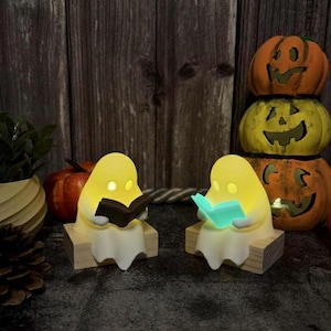 May include: Two small, glowing, off-white ghost figurines sitting on wooden blocks. Each ghost has illuminated eyes and holds an open book, one with a dark cover and the other with a bright teal cover, creating a soft, warm light effect.