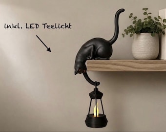 Cat with Lantern Shelf Decoration, LED Night Light, Gift for Cat Lovers, Bookworms & Readers, Housewarming Gift, Bookshelf Decoration