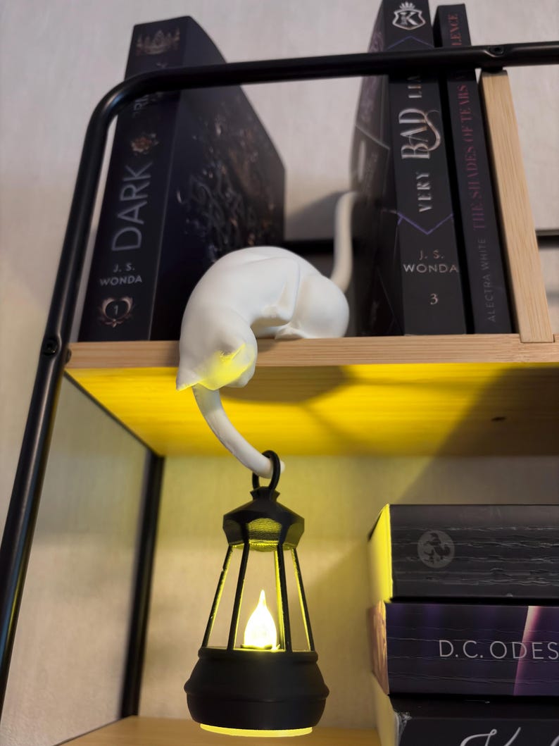 May include: A white cat figurine resting on a shelf, holding a black lantern with a glowing yellow light in its tail. The cat is positioned between two black books titled Dark and Very Bad, with a third book visible on the shelf below.