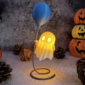 Glowing Ghost with Balloon | 3D Printed Halloween Decoration Figure | LED Tealight Holder | Luminous Autumn Table Decoration | Gift Idea Blau