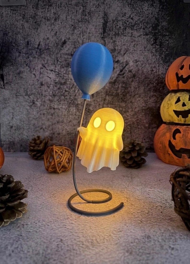 Glowing Ghost with Balloon | 3D Printed Halloween Decoration Figure | LED Tealight Holder | Luminous Autumn Table Decoration | Gift Idea Blau