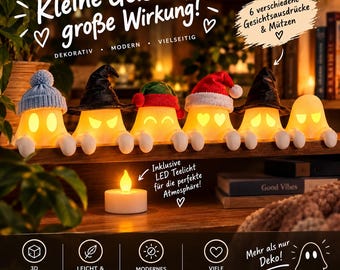 May include: Six small, white, glowing ghost-shaped LED figures arranged on a shelf. Each ghost features a unique facial expression and a different accessory, including knit hats and pointed caps. A single white LED tea light sits in front.