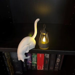 May include: A white cat-shaped lamp with an upright tail and a small, dark-colored lantern emitting a warm yellow glow. Both items are positioned on a shelf above a row of books. The cat lamp features a smooth, matte finish and a curved posture.