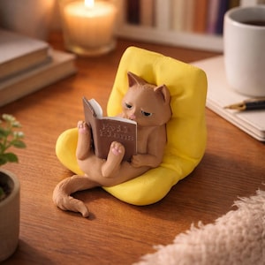 Könnte beinhalten: Eine braune Katzenfigur, die in einem leuchtend gelben Sessel sitzt und ein kleines braunes Buch mit dem aufgedruckten Text Evil Plans hält. Die Katze hat rosa Pfotenballen und schaut auf das offene Buch, während sie im Sessel ruht.