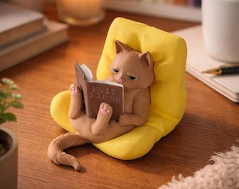 Reading Cat Figurine in Pillow – Cat Figurine with Book, Decoration for Reading Corner, Gift for Cat Lovers & Book Lovers, 3D Print