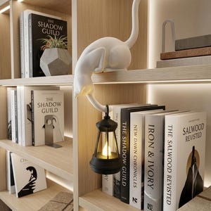 May include: A white cat figurine perched on a shelf edge, holding a black lantern with a glowing light. The cat has a long, upright tail and is positioned above a row of books including titles like The Shadow Guild and Salwood Revisited.