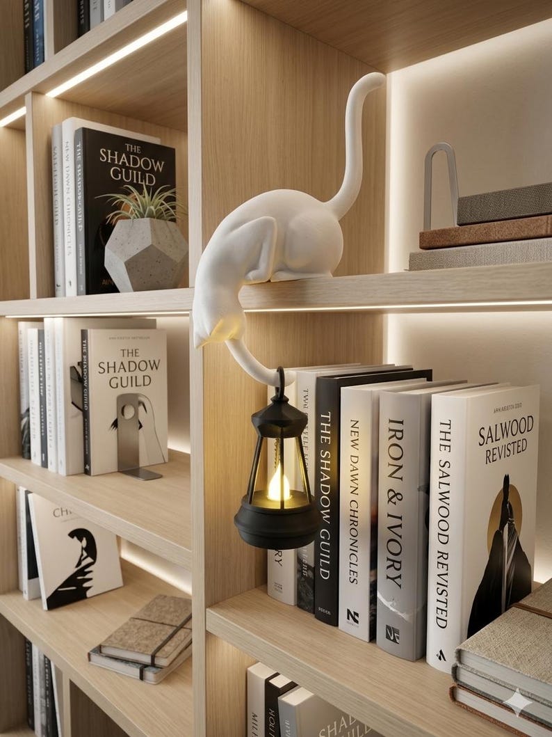 May include: A white cat figurine perched on a shelf edge, holding a black lantern with a glowing light. The cat has a long, upright tail and is positioned above a row of books including titles like The Shadow Guild and Salwood Revisited.