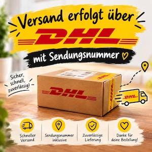 May include: A brown cardboard shipping box featuring the red DHL logo on the side and top. The image includes text in German regarding shipping, a yellow graphic of a delivery truck, and icons representing tracking, speed, and reliability.