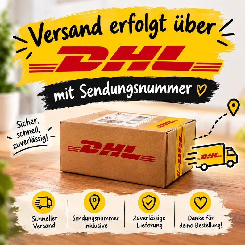 May include: A brown cardboard shipping box featuring the red DHL logo on the side and top. The image includes text in German regarding shipping, a yellow graphic of a delivery truck, and icons representing tracking, speed, and reliability.