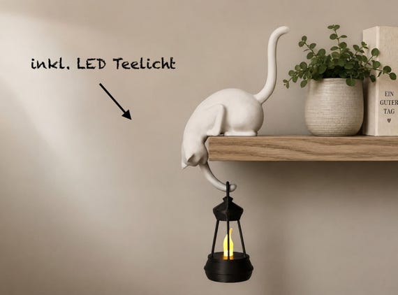Katze mit Laterne Regal Deko, Nachtlicht mit LED, Geschenk für Katzenliebhaber, Buch & Leseratten, Einzugsgeschenk, Bücherregal Deko