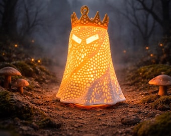Glowing ghost with crown tealight holder, cute lamp for Halloween & autumn decoration, gift for horror fans, including LED tealight