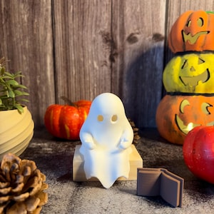 May include: A small, matte white 3D-printed ghost figurine with two circular eye cutouts, sitting on a light-colored wooden block. Beside the ghost is a small, brown, open book figurine, positioned on a dark, textured surface.
