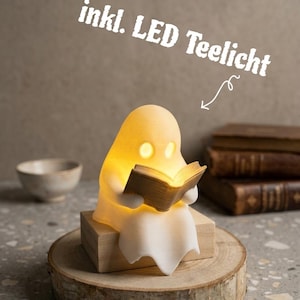 Leuchtender Lesegeist, Nachtlicht für Leser, Buch Deko fürs Regal, LED Stimmungslicht, Geschenk für Buchliebhaber, Tischlampe Geist Figur