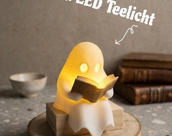 Glowing Reading Ghost, Night Light for Readers, Book Shelf Decoration, LED Mood Light, Gift for Book Lovers, Table Lamp Ghost Figurine
