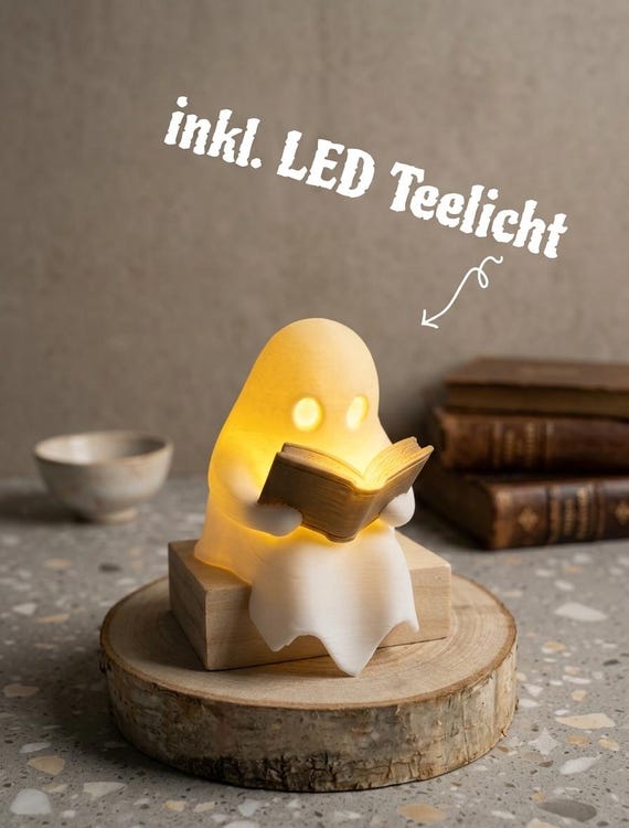 Leuchtender Lesegeist, Nachtlicht für Leser, Buch Deko fürs Regal, LED Stimmungslicht, Geschenk für Buchliebhaber, Tischlampe Geist Figur