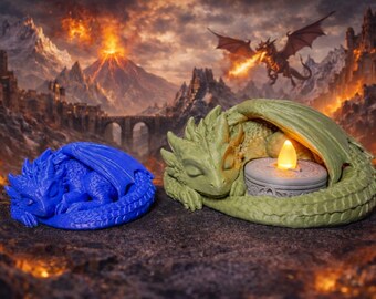 Sleeping Dragon 3D Print – Fantasy Dragon Baby & Dragon Tealight Holder - Decorative Figure - Sleepy Dragon
